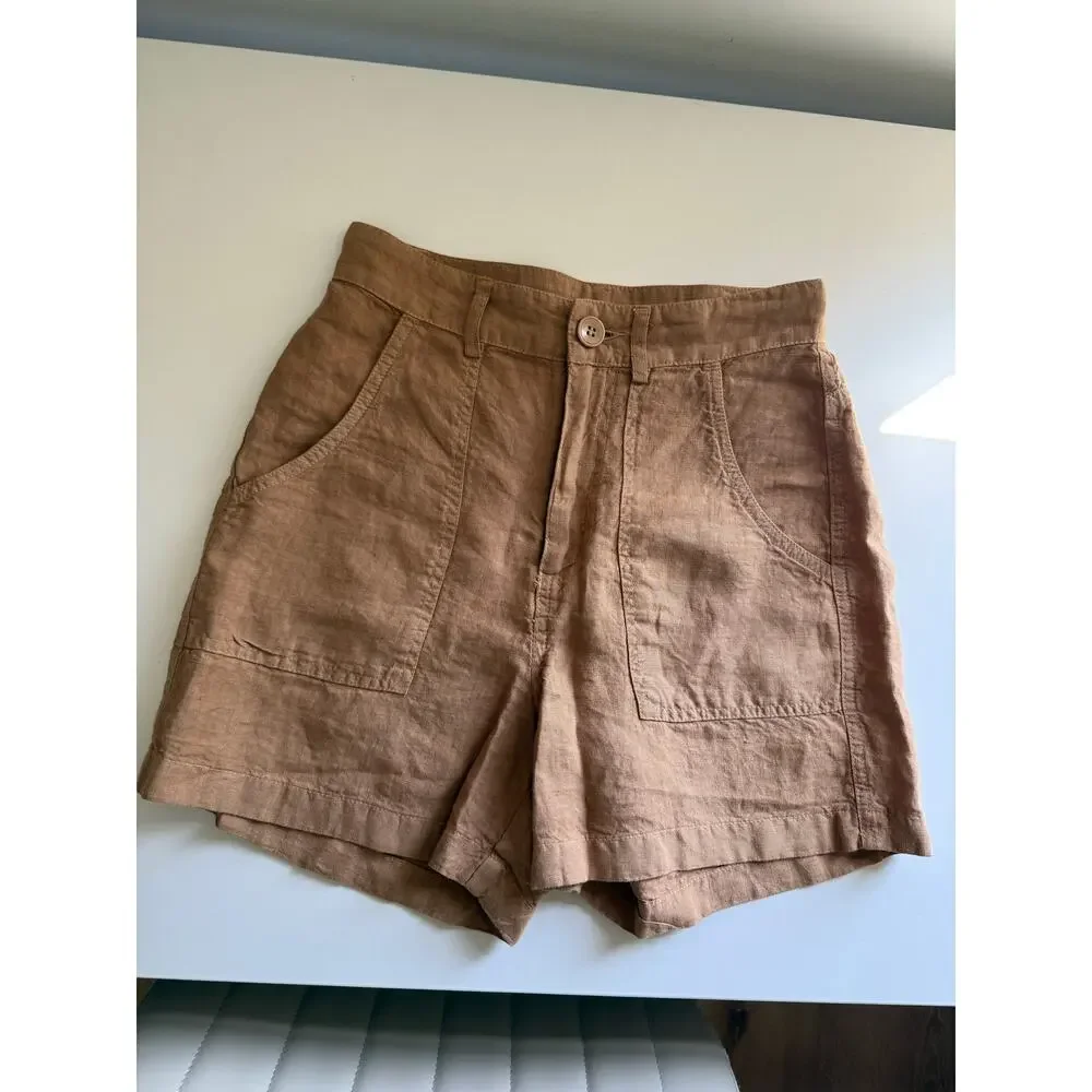 $195 Enza Costa Linen High Waisted Shorts - Italian Clay - 0